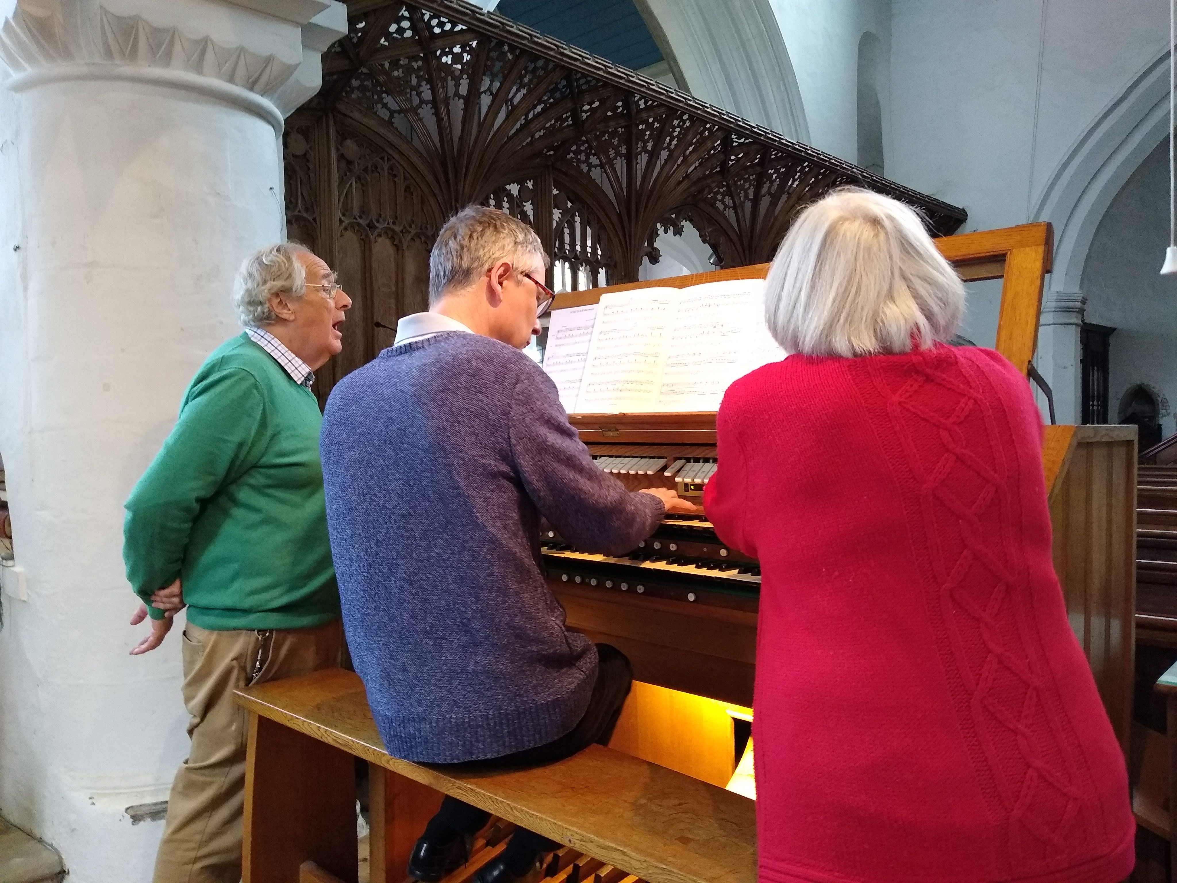 Image: Peter, Michael and Hilary at the console in Redbourn